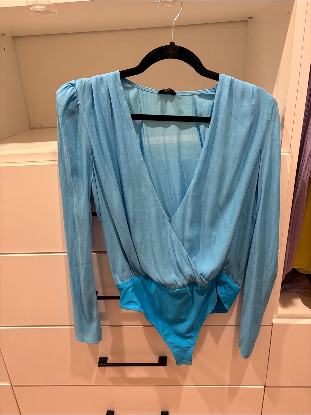 NBD Sky Blue Long-Sleeve Surplice Bodysuit